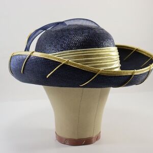 Unbranded Straw Fascinator Hat Womens 7in Navy Blue Gold Metallic Derby Church